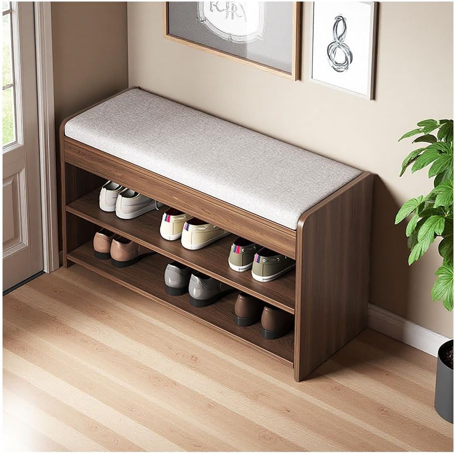 Solid Wood Shoe Bench, Open Shoe Storage Rack with Soft Seat Cushion and Round Corners Ample Seating Space Wide Horizontal Board for Stable Load-Bearing Walnut Colour 60cm