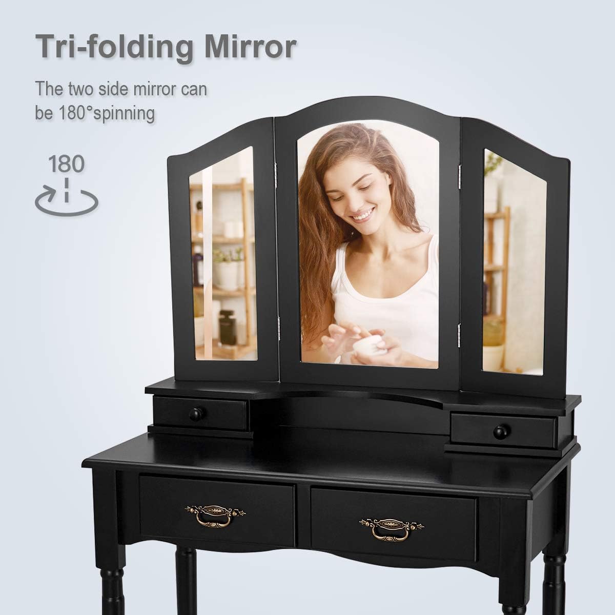 Giantex Vanity Table Set with Tri-Folding Mirror, Makeup Dressing Table with 4 Drawers, Bedroom Vanity with Padded Stool, Room Desk Vanities, Black