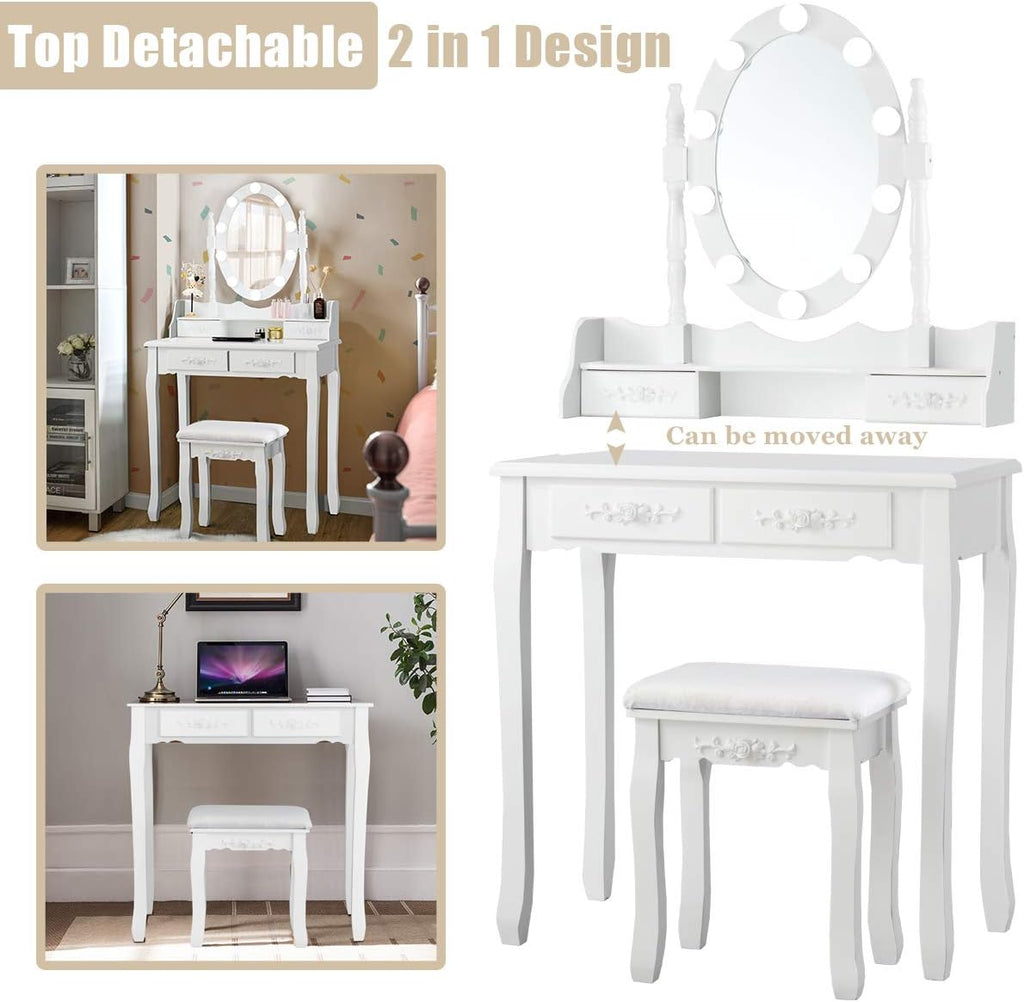DORTALA Vanity Table Set, Makeup Table with 10 Dimmable Bulbs Lighted Mirror & 4 Drawers, Cushioned Stool, Solid Wood Leg, Classic Dressing Table Set for Home, Salon, White