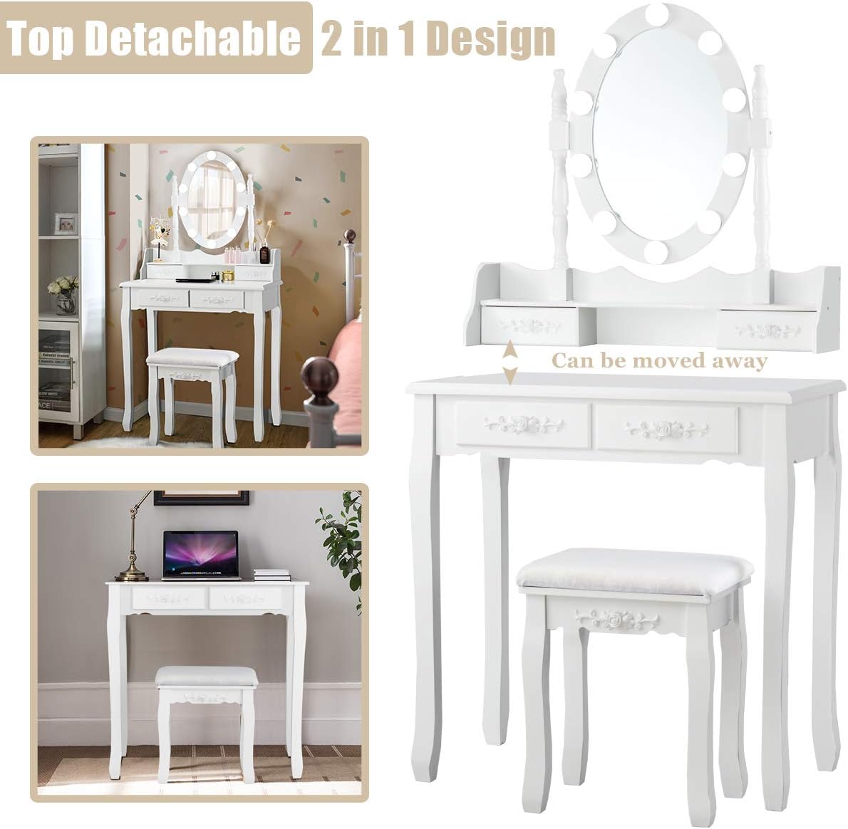 DORTALA Vanity Table Set, Makeup Table with 10 Dimmable Bulbs Lighted Mirror & 4 Drawers, Cushioned Stool, Solid Wood Leg, Classic Dressing Table Set for Home, Salon, White