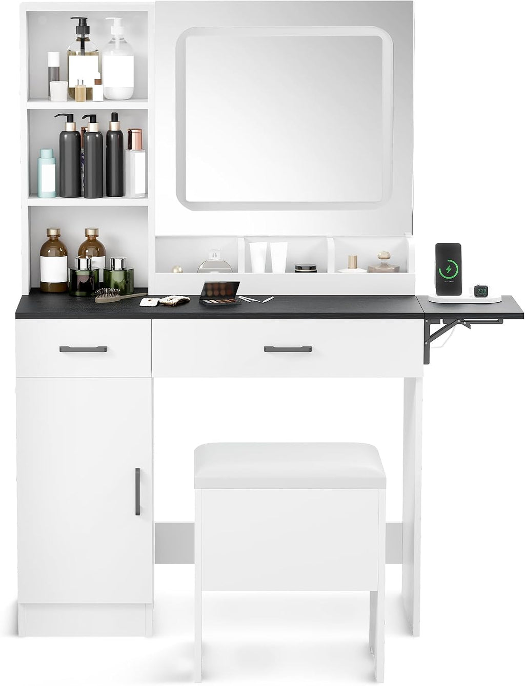 Esmlada Farmhouse Makeup Vanity Desk with Mirror and Lights, Vanity Desk Table Set with Storage Bench, Power Outlet, for Bedroom, Black