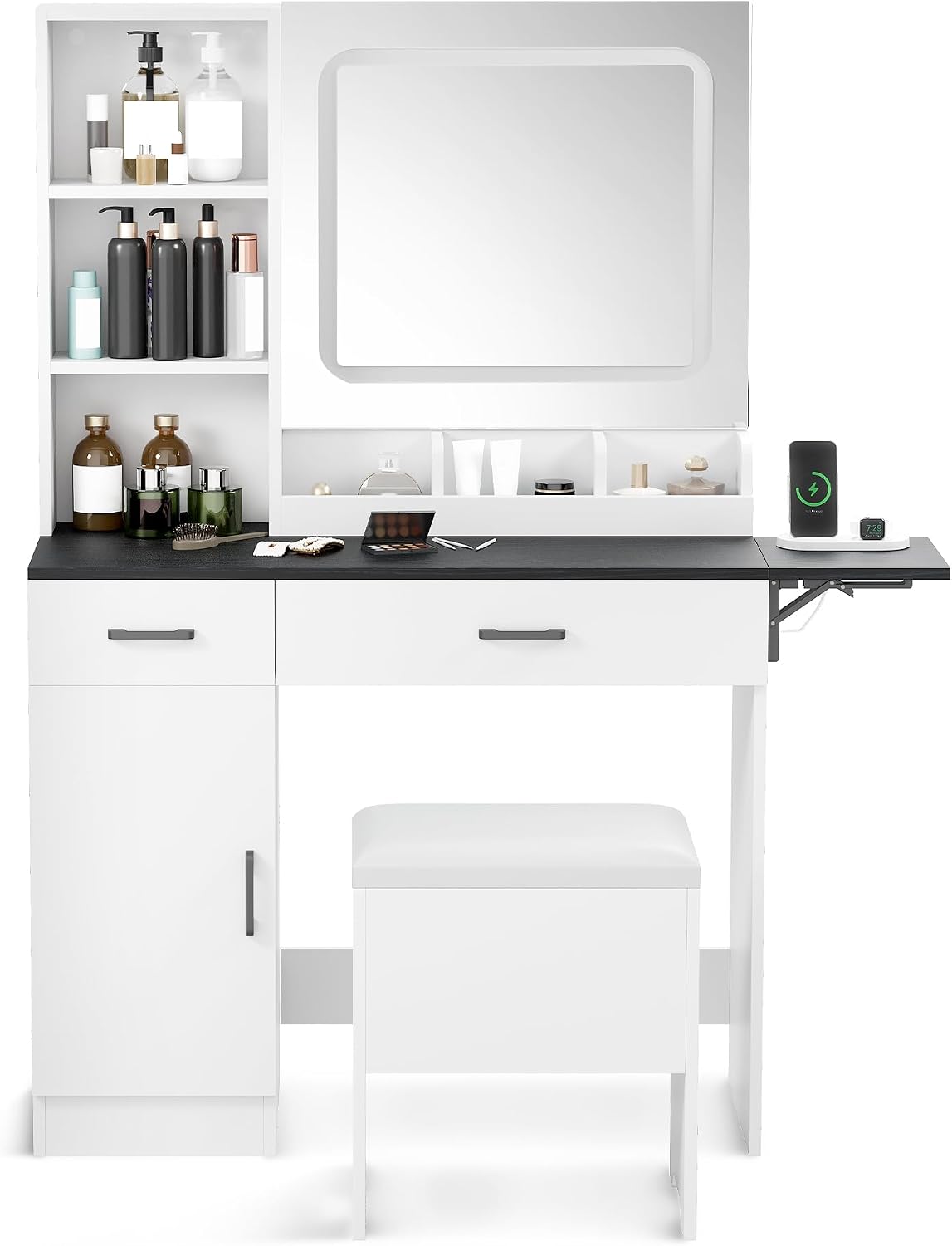 Esmlada Farmhouse Makeup Vanity Desk with Mirror and Lights, Vanity Desk Table Set with Storage Bench, Power Outlet, for Bedroom, Black