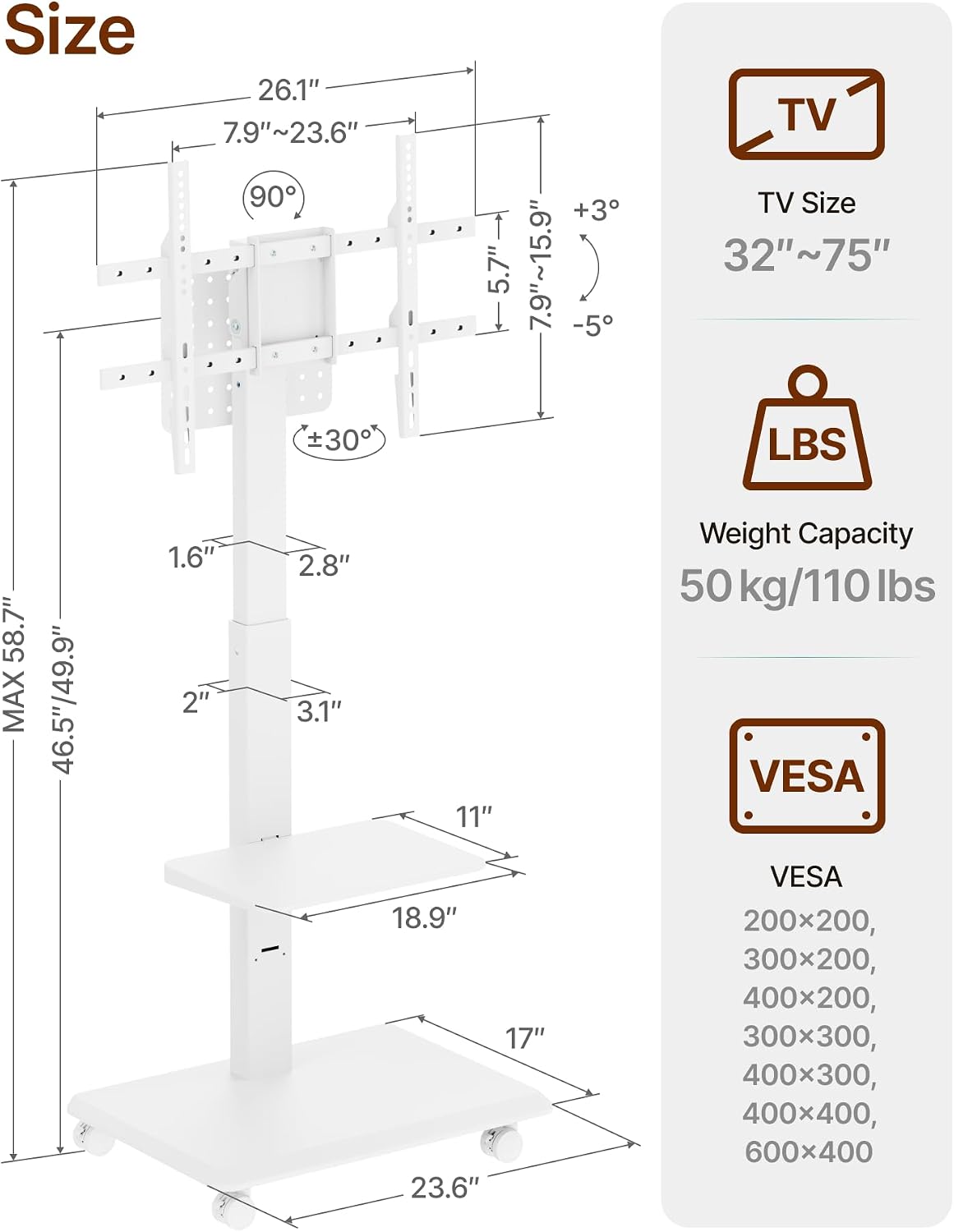 Steel Base Rolling TV Stand for 37-86 Inch TVs up to 110 lbs, Rotating & Tilt & Swivel Mobile TV Stand with Pegboard Storage Panel, Height Adjustable Portable TV Cart with Steel Shelf, White