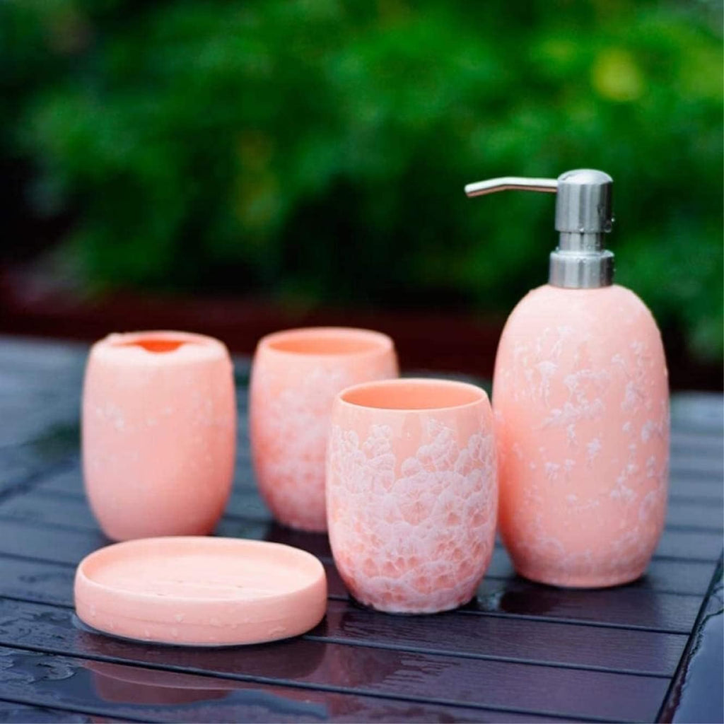 Vanity Bathroom Decor, Bathroom Accessory Sets Ceramic Simple Wash Five-Piece Jade Ice Porcelain 5 Bathroom Set Solid Color Housewarming Gift(Orange)