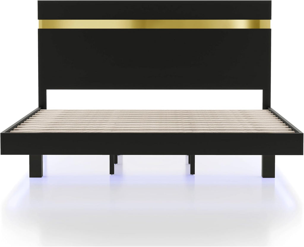 Furniture of America Ansten Modern Wood 6-Piece Platform Bedroom Set with Gold Trim, Underbed LED, Dust Proof Cases, Bracketed Metal Legs, No Box Spring Needed, Full, Black