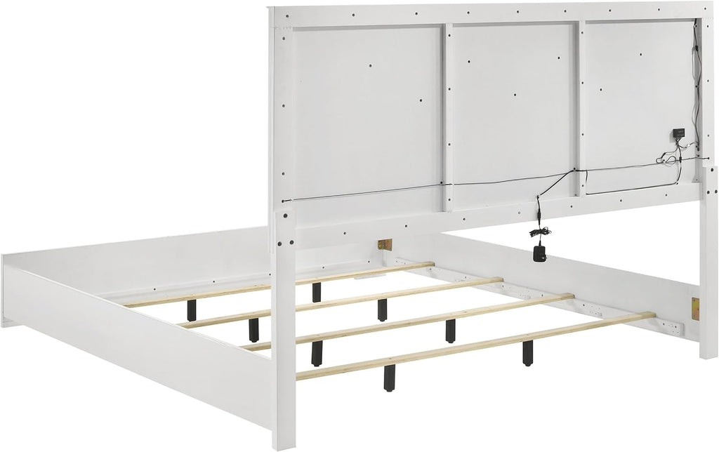Coaster Home Furnishings Ives Contemporary 4-Piece Bedroom Set Eastern King Size LED Panel Bed Frame 57-inch Headboard White High Gloss 224941KE-S4