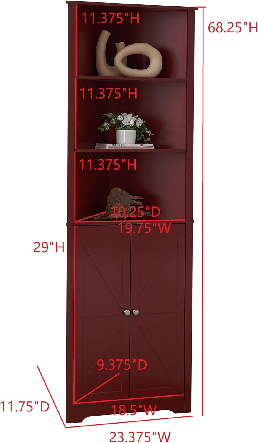 Kings Brand Furniture Tall Wooden Corner Cabinet with 2 Doors and 5 Shelves Storage Shelf Organizer, Home Space Saver, Bathroom, Kitchen, Living Room, Red