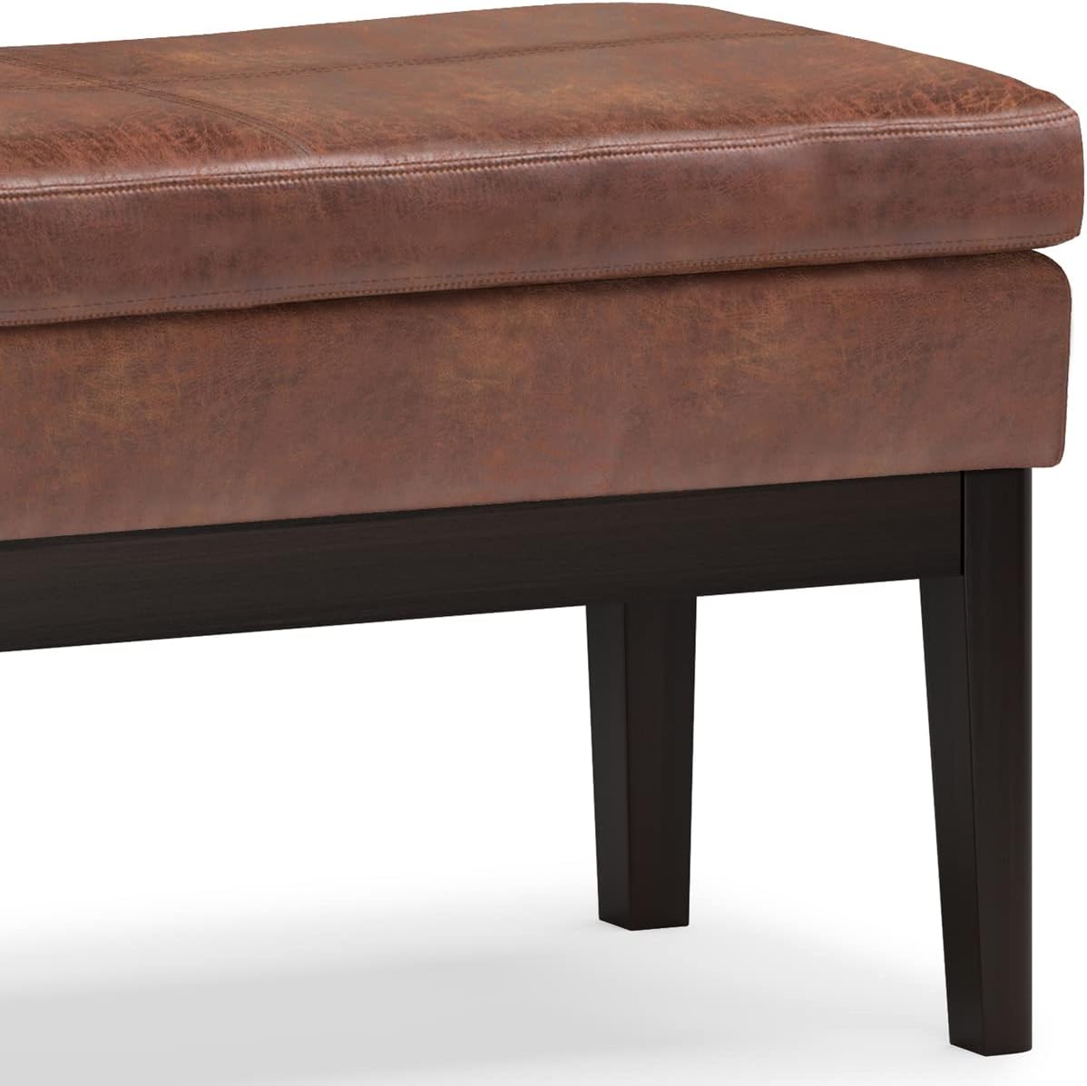 SIMPLIHOME Carlson Ottoman Bench - 45 inch Wide Upholstered Vegan Leather Rectangle Ottoman in Distressed Saddle Brown, Mid Century Modern Bench for Bedroom or Living Room with Padded Seat