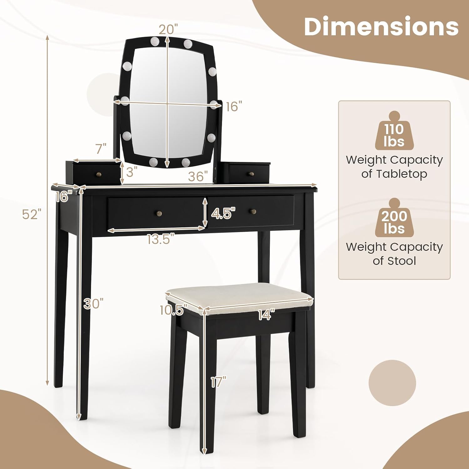 GOFLAME Vanity Table Set with Rotatable Lighted Mirror, 2-in-1 Makeup Table Writing Desk with 3-Color Dimmable LED Lights, 4 Drawers, Dressing Table with Cushioned Stool for Bedroom (Black)