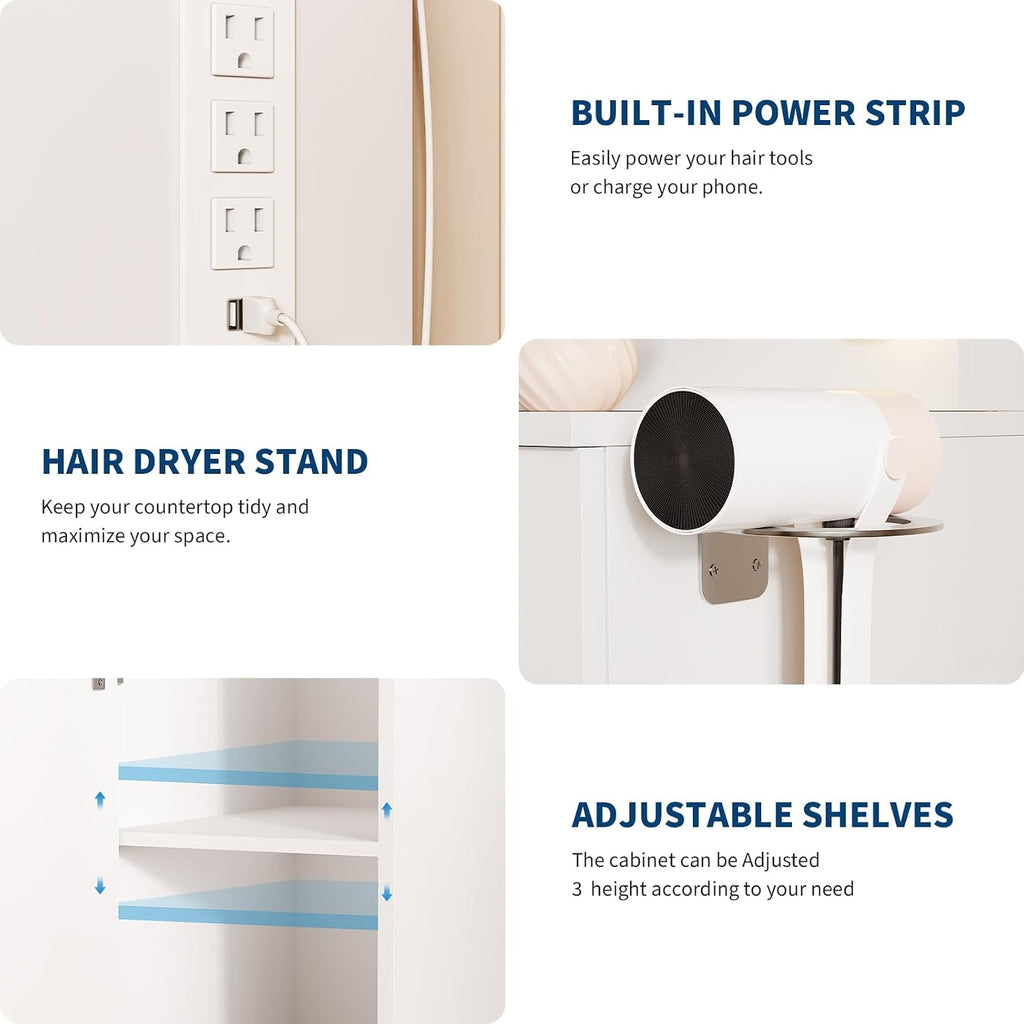 IDEALHOUSE Makeup Vanity Desk with Mirror and Lights, Modern White Vanity Table with Drawers, Charging Station & Storage Stool, Wood Make Up Vanity Set for Bedroom Apartment