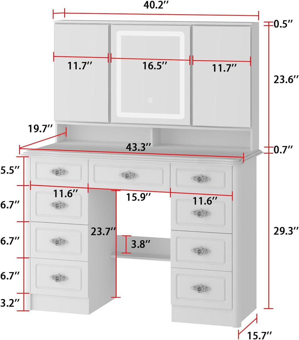 ECACAD Modern Makeup Vanity Desk with Lighted Mirror, Vanity Table Dressing Table with 9 Drawers, Hidden Shelves & Foldable Mirror, 3 Color Lighting Modes, Brightness Adjustable, White