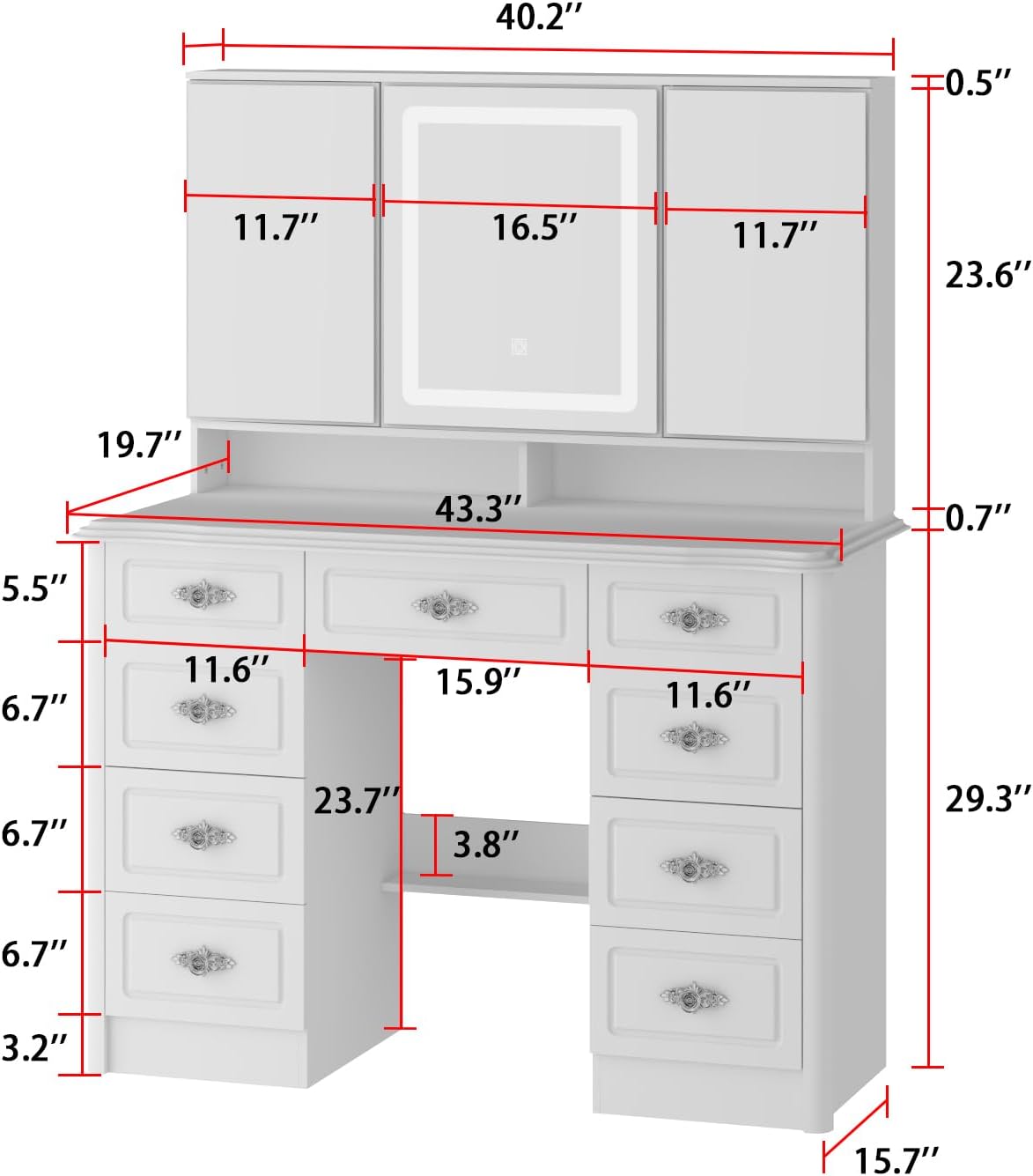 ECACAD Modern Makeup Vanity Desk with Lighted Mirror, Vanity Table Dressing Table with 9 Drawers, Hidden Shelves & Foldable Mirror, 3 Color Lighting Modes, Brightness Adjustable, White