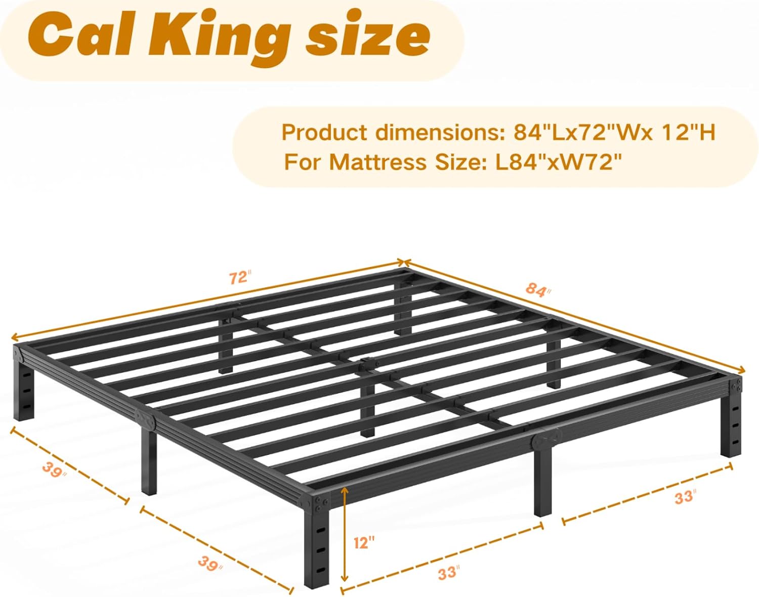 12 Inch High Cal King Metal Bed Frame No Box Spring Needed, Platform California King Bed Frame, Heavy Duty, Easy Assembly, Noise Free, Black