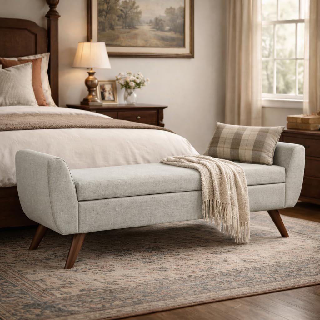 HomePop Modern Storage Bench with Wood Legs |Homepop Home Décor|Bench with Storage for Living Room & Bedroom - Light Gray Woven