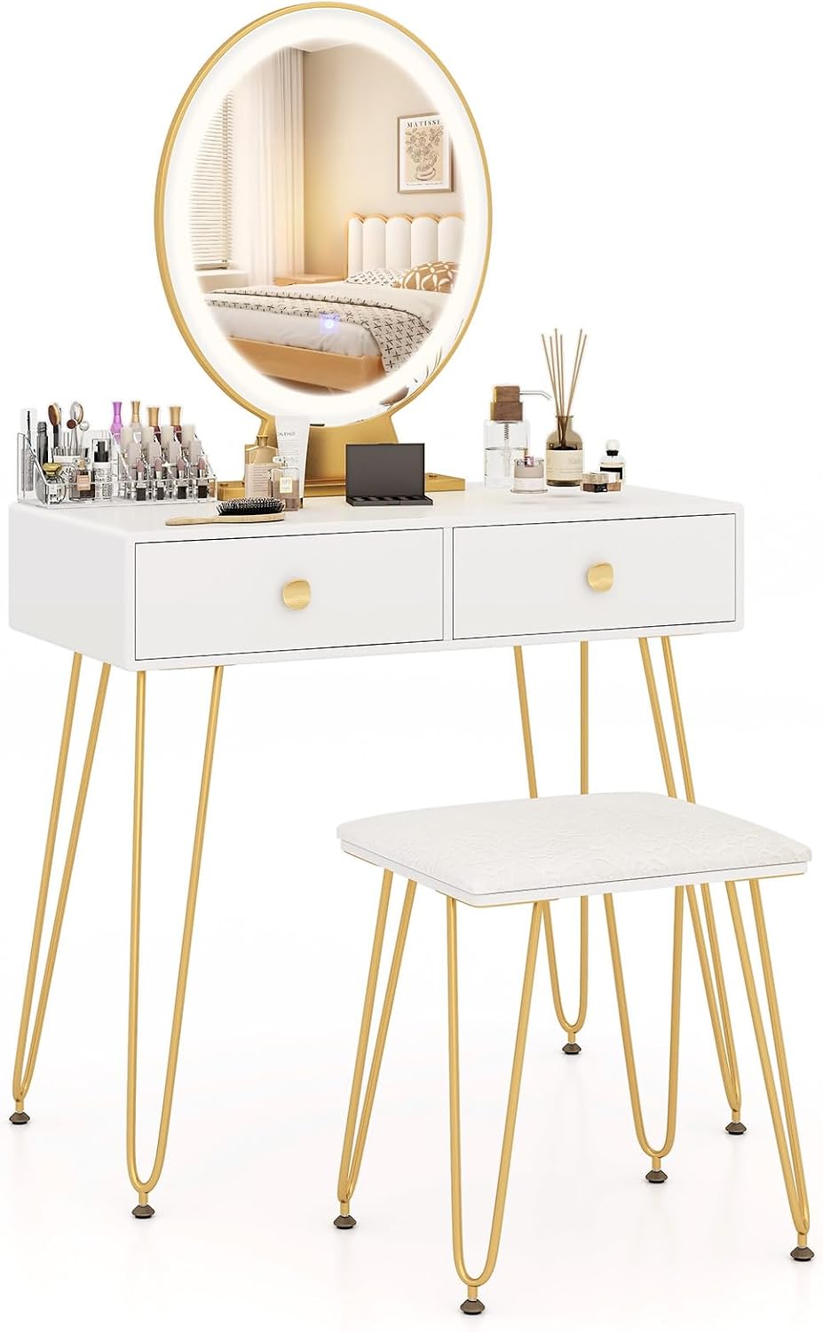 COSTWAY Vanity Desk with Mirror and Lights, Makeup Dressing Table Set w/ 3 Color Lighting Modes & Adjustable Brightness, Vanity Mirror with Desk and Stool for Bedroom Small Spaces (White)