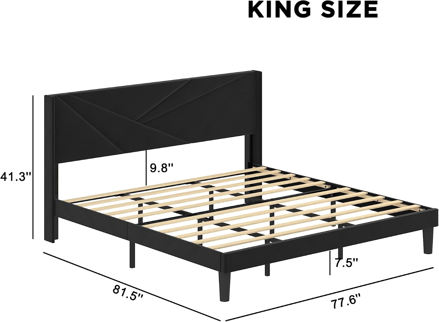 King Size Bed Frame with Upholstered Wingback Headboard, Easy Assemnly Platform Bed and Heavy Duty Wooden Slats Support, Noise-Free, No Box Spring Needed (Black, King)