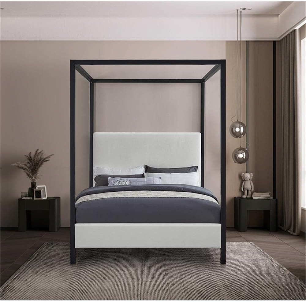 Meridian Furniture JamesBeige-F James Collection Modern | Contemporary Full Bed with Cream Linen Textured Fabric, Matte Black Steel Canopy, Full Slats, 59' W x 80' D x 86' H, Cream, Full