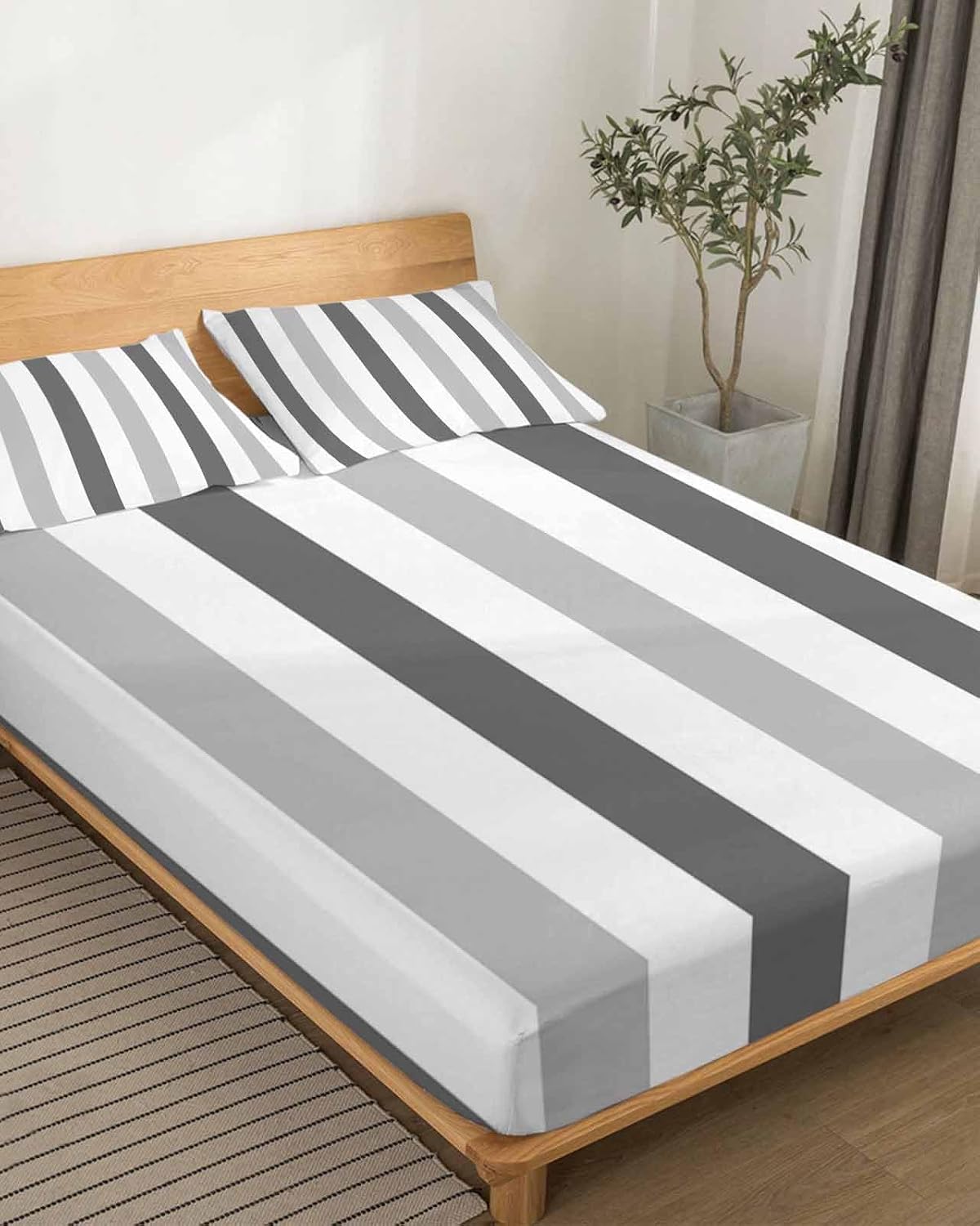 Grey Striped King Sheet Set 4 Piece Bedding - Geometric Ombre Vertical Stripes Minimalist Breathable Comfy Cooling Bed Sheets & Pillowcase Sets,Hotel Luxury Flat Sheets Deep Pockets Fitted Sheet