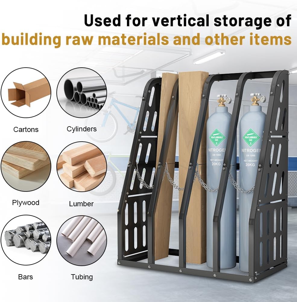 Vertical Bar Rack 1500 LBS Capacity, Steel Long Parts Storage Rack, 4 Bays Lumber Storage Rack, Heavy Duty Standing Bar Rack with Safety Chain for Garage Workshop Factory, 24'D x 48'W x 60'H