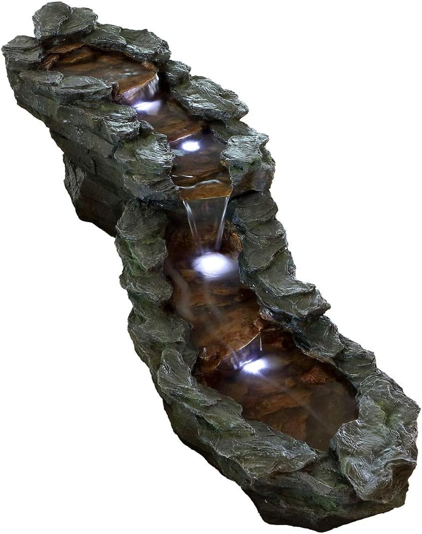 Alpine Corporation TZL240 | 76'L Outdoor Tiered Rocky River Stream Water Fountain — Color-Changing LED Lights for Patio, Yard & Backyard Décor — Brown Finish