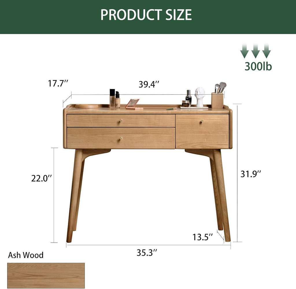 Small Vanity Desk, Solid Wood Dressing Table with Drawer Divider, Study Desk and Vanity Desk for Bedroom, 18' D x 40' W x 32' H