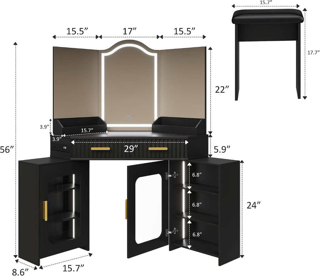 Corner Vanity Desk with 3 Way Mirror & LED Lights, Makeup Table Set with Charging Station, Storage Drawers & Side Cabinets, Modern Bedroom Dressing Table for Women & Girls Birthday Gift