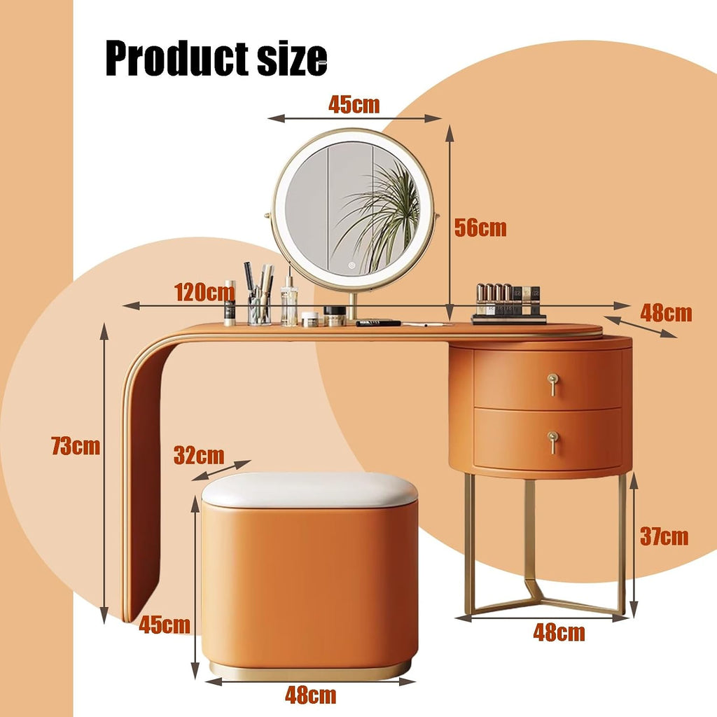 Makeup Vanity Desk with Mirror & Lights,Integrated Dressing Table with Rounded Corners,Pack of Ring Box(Black_120CM)