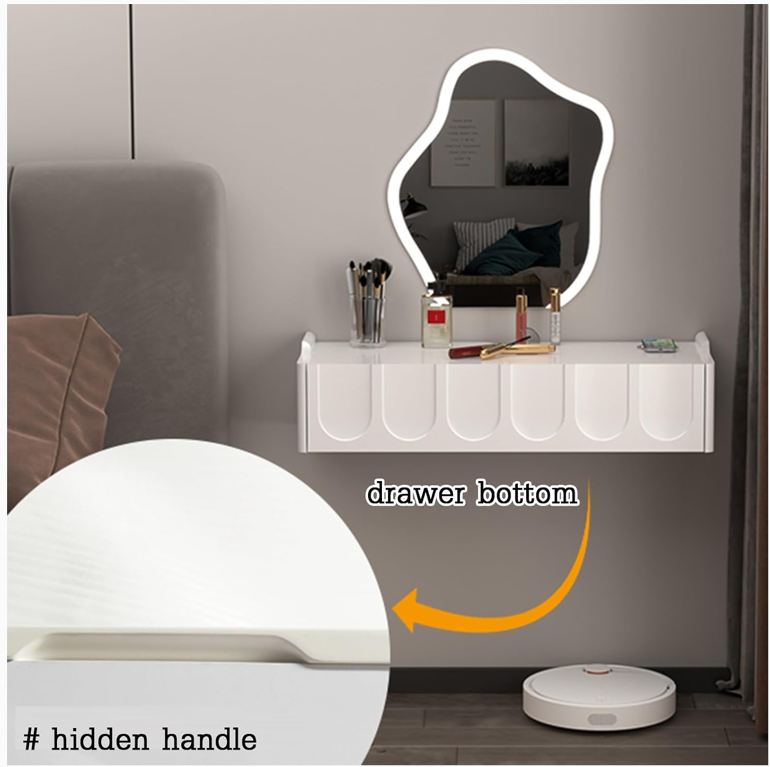 Floating Vanity Makeup Table, Simple Vanity Desk, with Drawers, Wall Mounted Makeup Vanity, Floating Desk, Simple Floating Corner Desk, Dressing Table for Small Spaces(White,60cm)