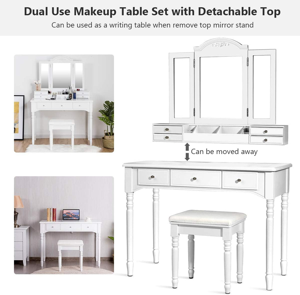 DORTALA Makeup Vanity Table Set w/ 7 Drawers, Removable Tri-Folding Mirror w/ 8 Jewelry Necklace Hooks, Dressing Table w/Open Storage Box & Cushioned Stool, Solid Wood Legs,White