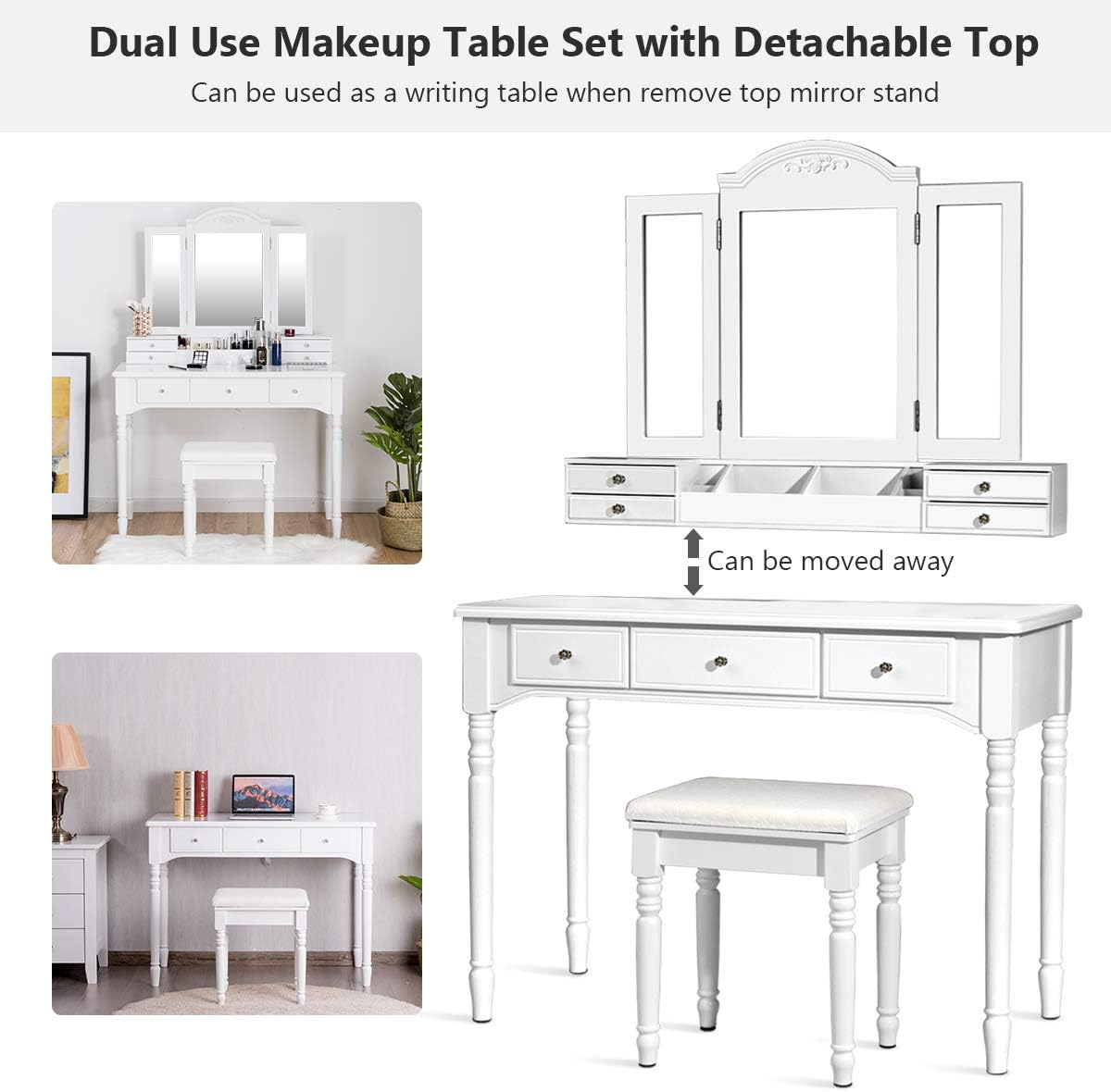 DORTALA Makeup Vanity Table Set w/ 7 Drawers, Removable Tri-Folding Mirror w/ 8 Jewelry Necklace Hooks, Dressing Table w/Open Storage Box & Cushioned Stool, Solid Wood Legs,White