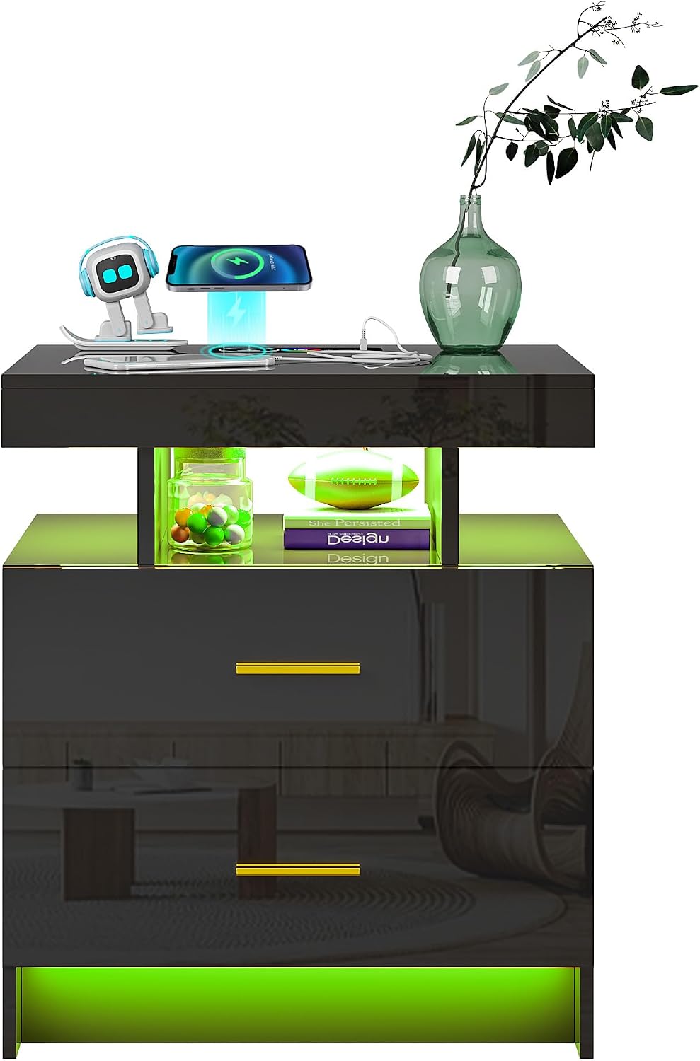 WOOVIVS Night Stand Set 2 with USB/Type-C/Wireless Charging Station, Blakc Nightstands with RGB Auto LED Lights, Modern Bedside Table Set of 2 with 2 Drawers for Bedroom Furniture