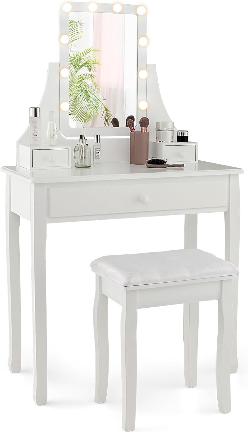 CHARMAID Makeup Vanity Desk with Lighted Mirror, 3 Color Lighting Modes, Adjustable Brightness, 3 Drawers, Removable Dividers, Bedroom Dressing Table Vanity Set with Stool for Girls Gift (White)