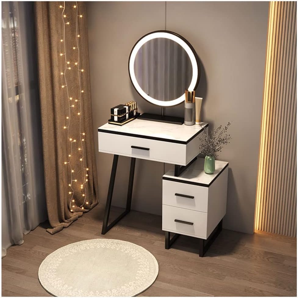 Vanity Benches Vanity Desk Set Glass Top Dresser Bedroom Ladies Fashion Dresser with Side Cabinet, Mirror, Vanity Stool (Color : A)