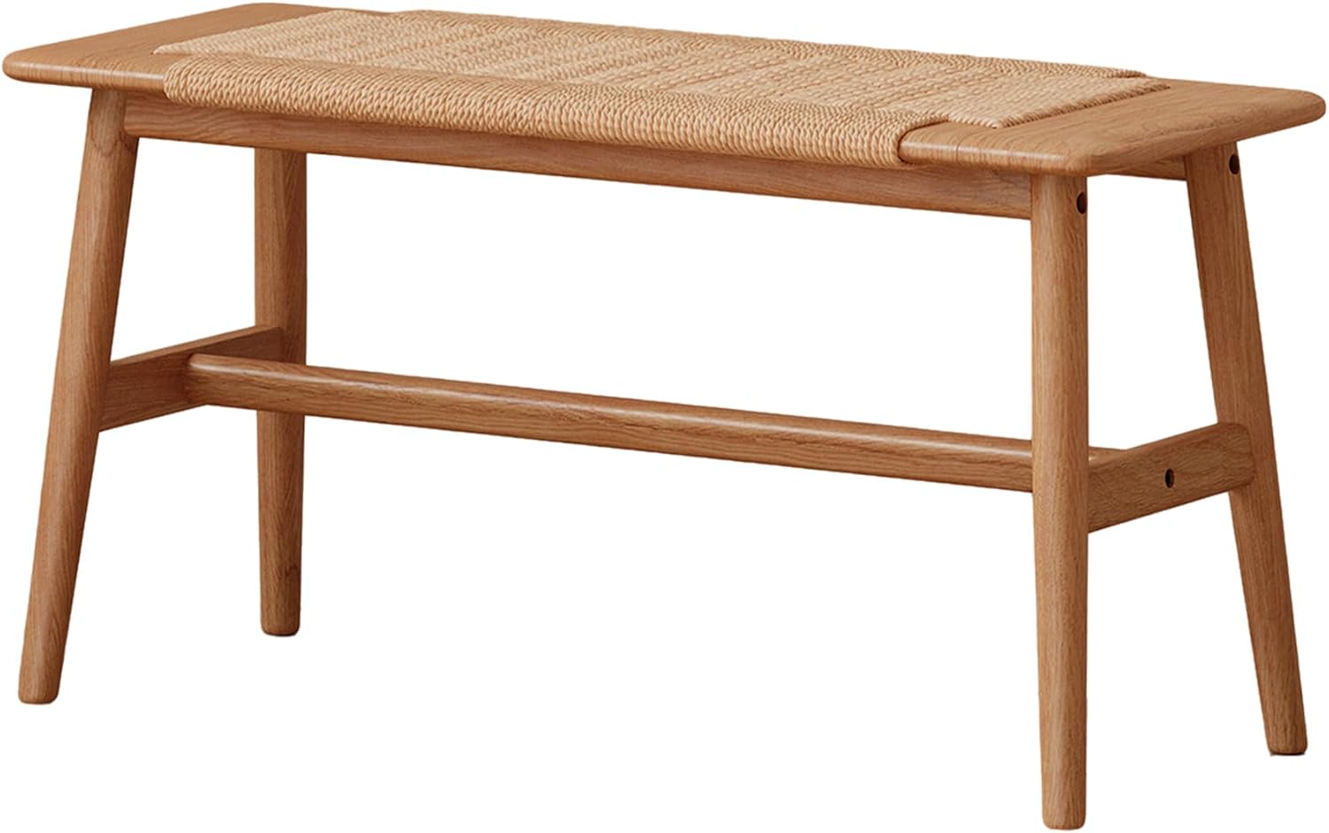 100% Solid Oak Wood Dining Bench, Hand Woven Dining Bench with Trapezoid Leg, Boho Otoman Footrest for Living Room Kitchen Entryway