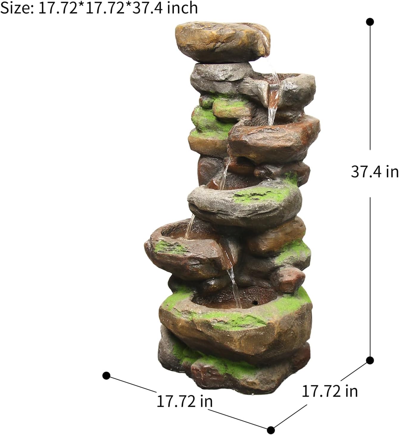 YZM 6-Tiered Outdoor Floor Rock Water Fountain Cascading Waterfall Fountains Indoor Led Lights for Home Garden Patio with Natural Stone Look 37.4' H