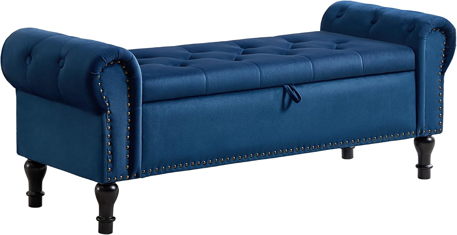 Storage Bench for Bedroom, 51' Upholstered End of Bed Bench, Velvet Queen Size Benches with Rolled Arms, Tufted Button Storage Long Ottoman, Living Room, Entryway, Blue