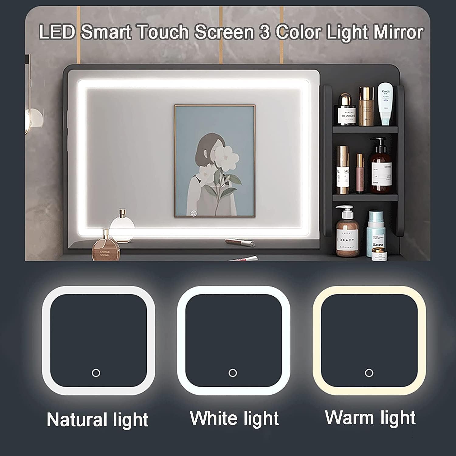 Rieort Vanity Desk MDF Vanity Table Set with Flip Top Lighted Mirror Makeup Table Cushioned Stool Home Nightstand Vanity Benches