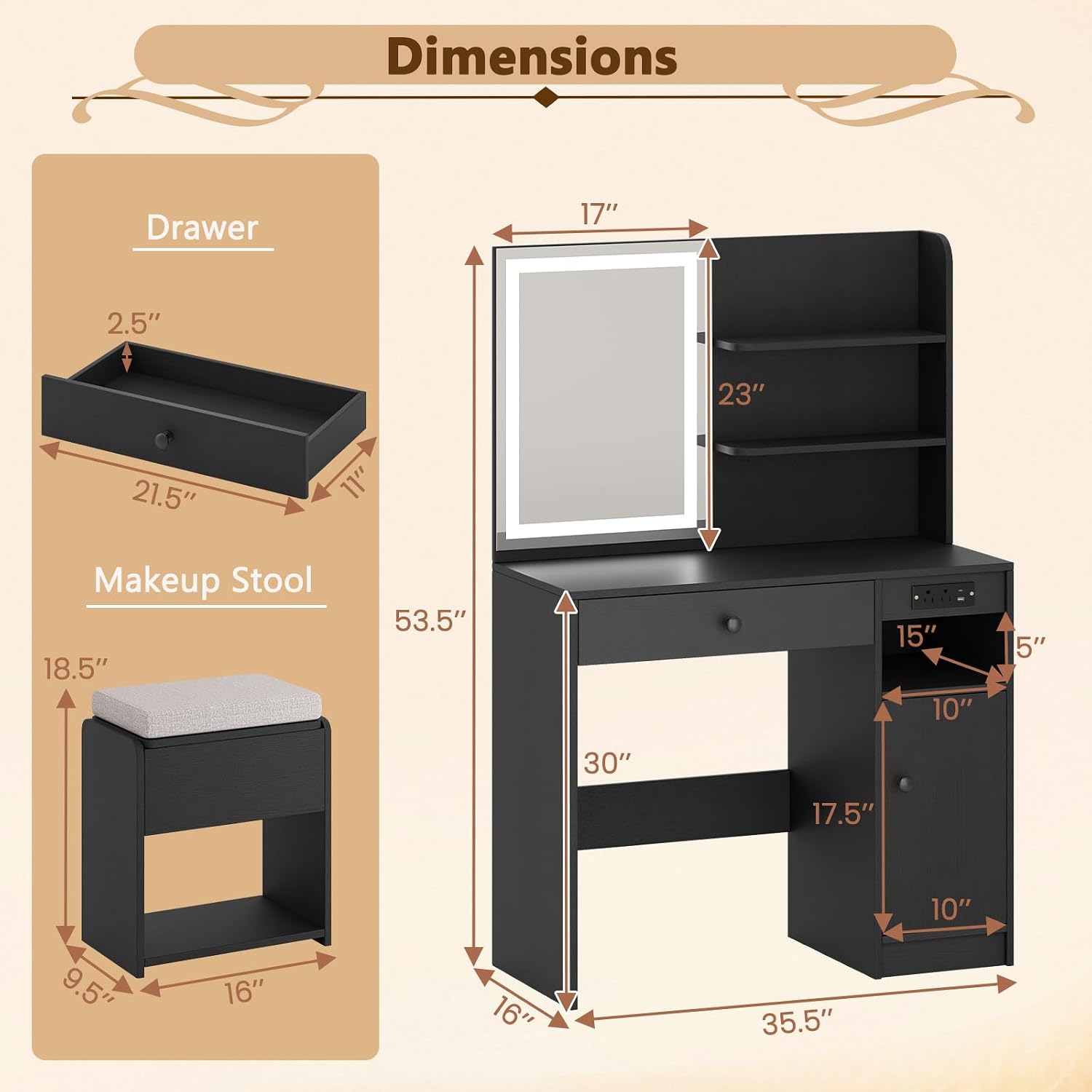 GOFLAME Makeup Vanity Set with Mirror and Lights, Vanity Desk with Charging Station, Storage Stool, 3-Color Lights, Drawer, Cabinet, Adjustable Shelf, Modern Dressing Table and Chair Set (Black)