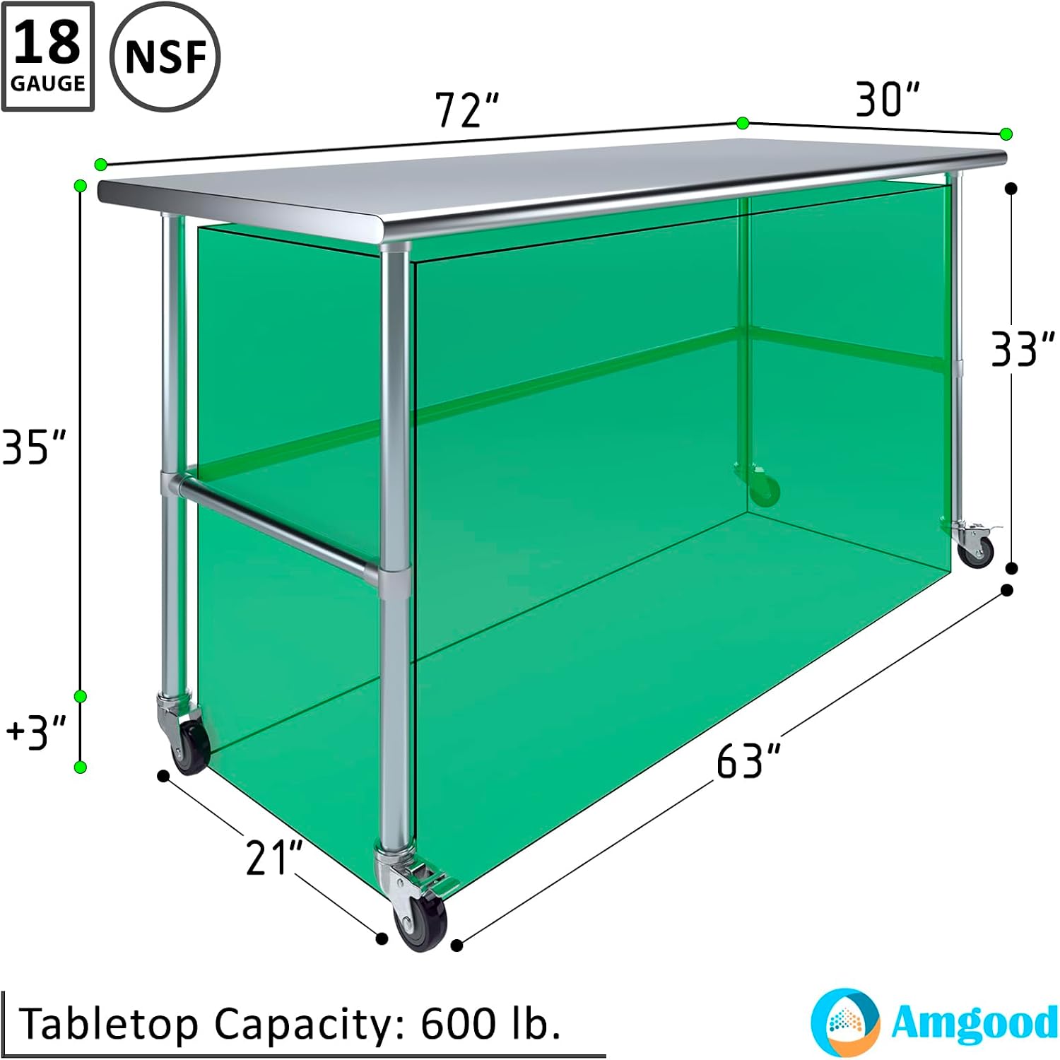 AmGood Stainless Steel Work Table Open Base & Wheels | Work Station | Metal Work Bench (Stainless Steel Work Table Open Base + Casters, 72' Long x 30' Deep)