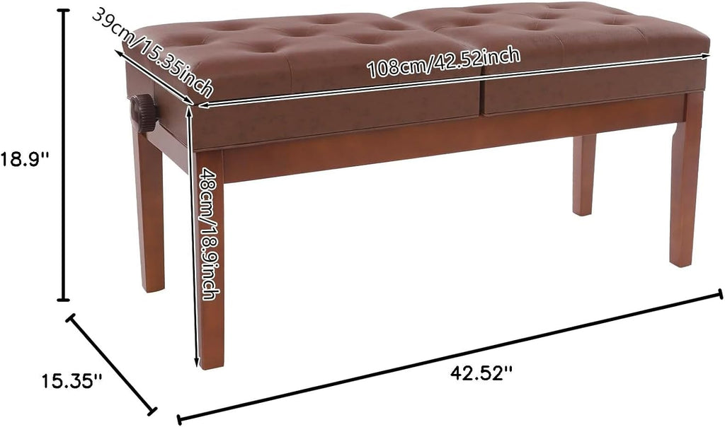 AngelcityCC Longer Duet Piano Bench with Storage, Adjustable Height Double Keyboard Piano Bench Seat with PU Leather Cushion