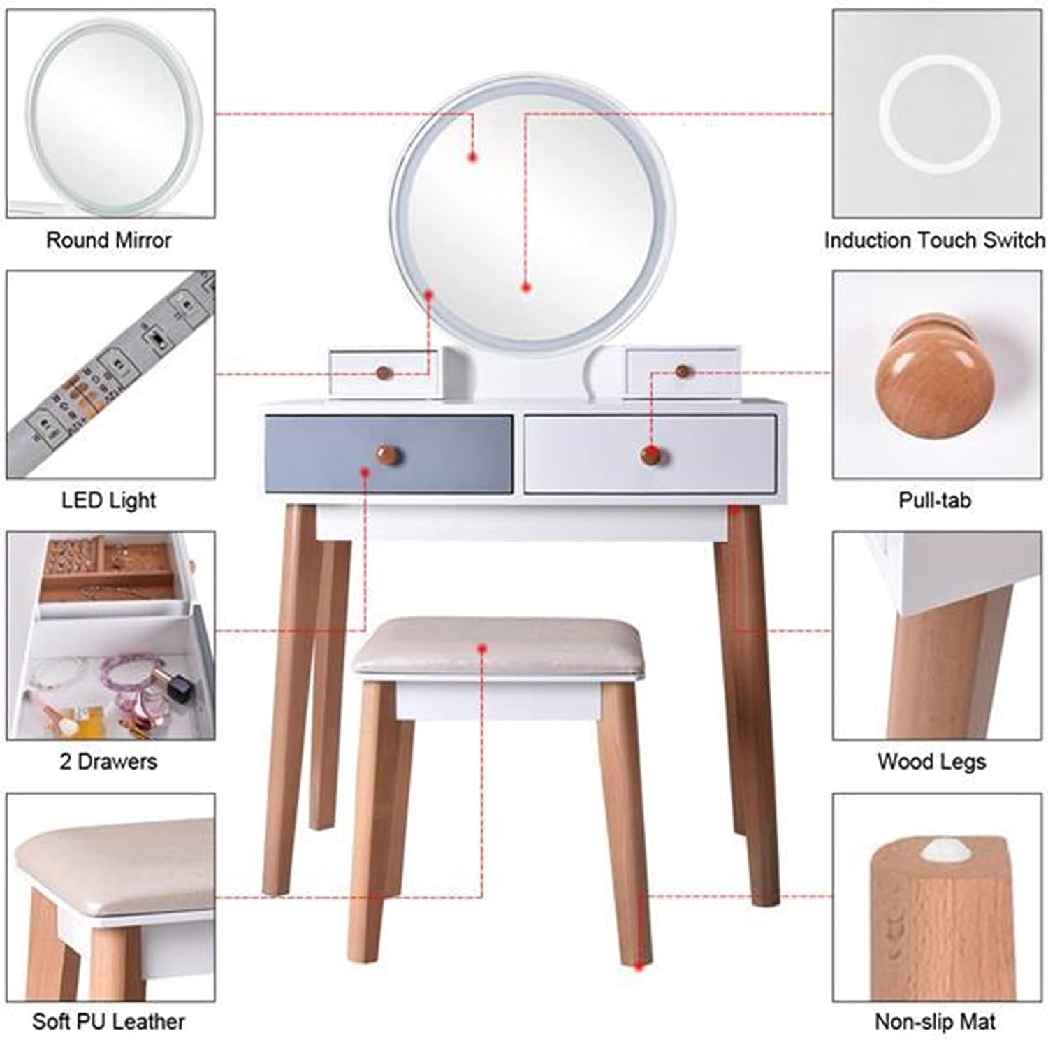 TOMYEUS Dressing Table Vanity Table with Mirror Bedroom Wood Dressing Table Simple Makeup Table with Lamp Three Color Adjustable Vanity Benches/Makeup Vanity Desk (Color : White)