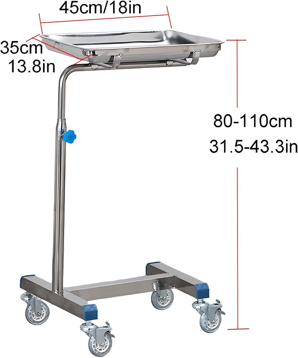 Mayo Instrument Stand with Mobile Caster Base, Adjustable Height 31.5'-43.3', for Clinic, Beauty, Salon, Medical, Dental, Tattoo(45x35x(80-110) cm)