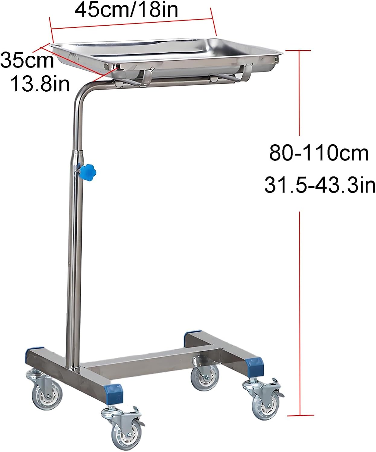 Mayo Instrument Stand with Mobile Caster Base, Adjustable Height 31.5'-43.3', for Clinic, Beauty, Salon, Medical, Dental, Tattoo(45x35x(80-110) cm)