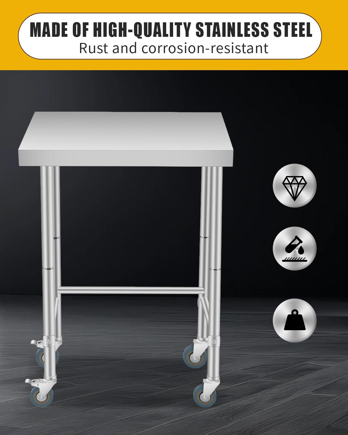 GarveeLife Stainless Steel Table, 18'x36'x35' Utility Work Tables, Commercial Kitchen Prep Table with Locking Casters and Open Base Single Tier, for Restaurant, Garage, Workshop, Silver