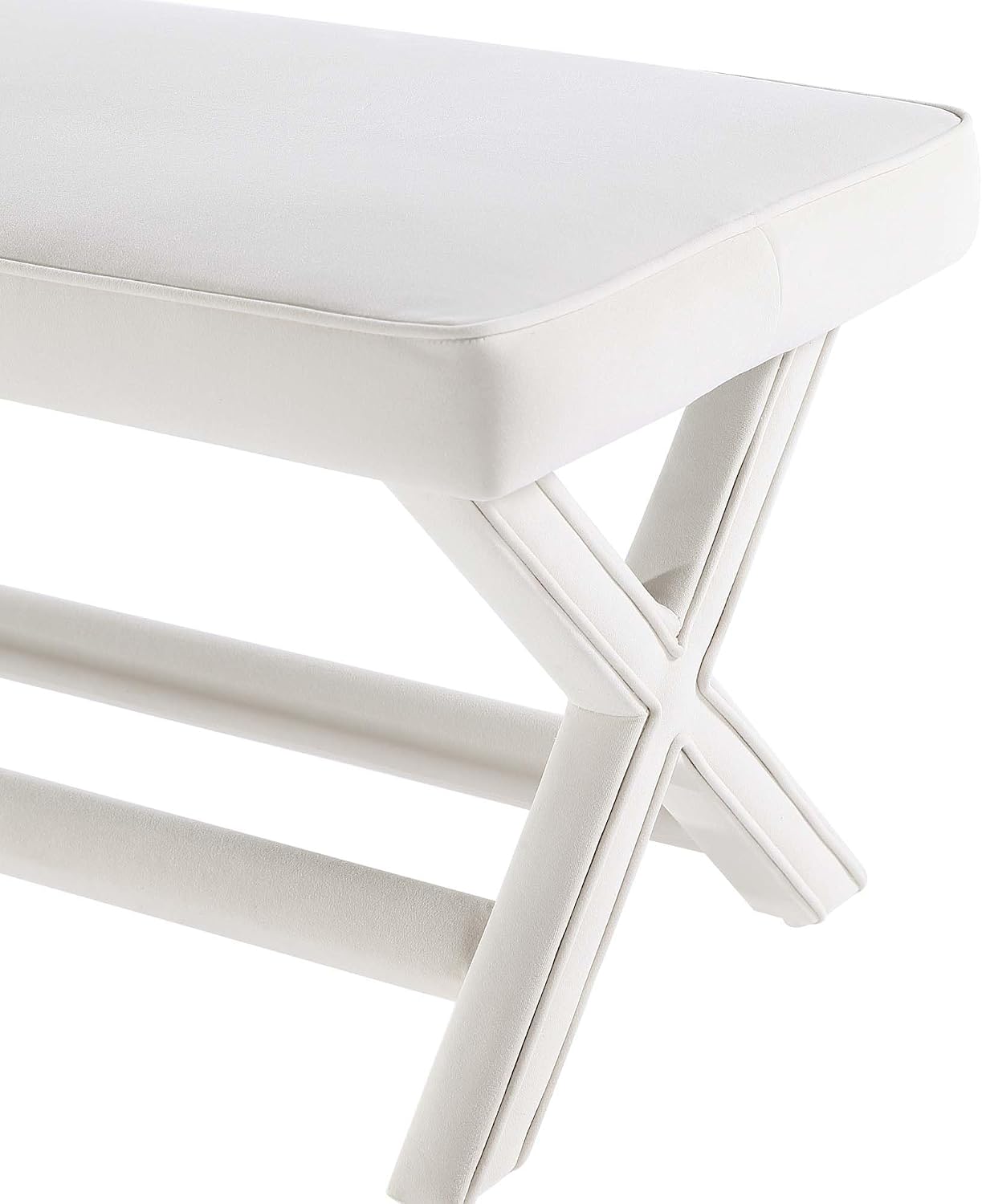 Manhattan Comfort Abigail Double Ottoman Bench Upholstered in Velvet Fabric, Luxurious Accent Vanity Stool with Stylish X-Crossed Legs, Solid Wood Frame, Plush Piped Cushion, Fully Assembled, Cream