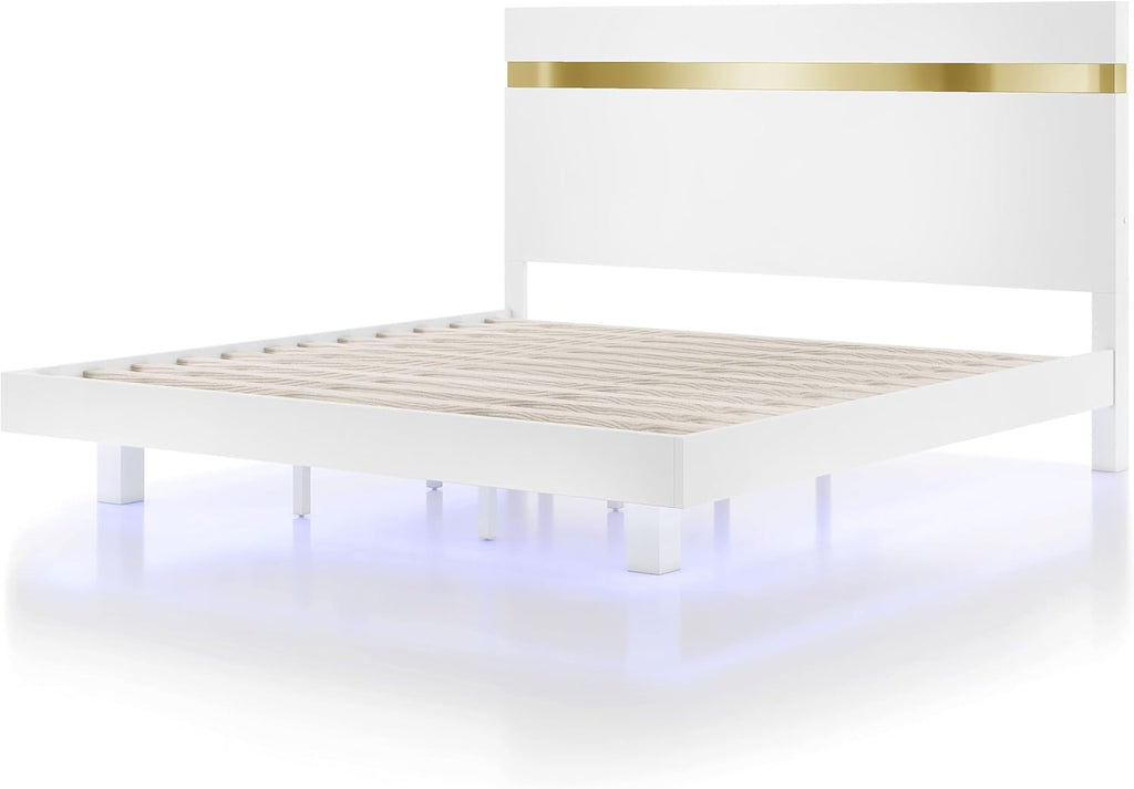 Furniture of America Ansten Modern Wood 6-Piece Platform Bedroom Set with Gold Trim, Underbed LED, Dust Proof Cases, Bracketed Metal Legs, No Box Spring Needed, Twin, White