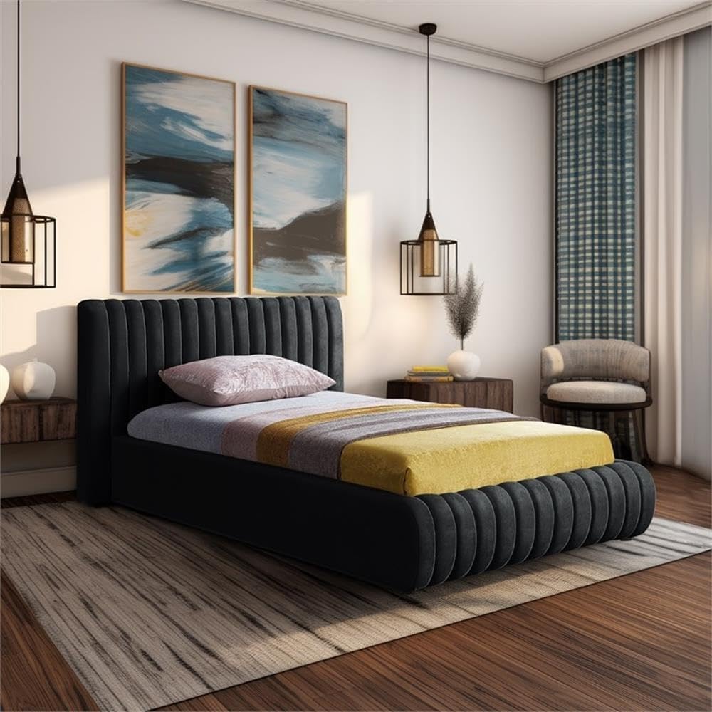 Pemberly Row Contemporary Velvet Twin Bed, 53' W x 86' D x 38' H, Deep Channel Tufted Rich Black Upholstery, Padded Headboard, Luxury Modern Bedroom Furniture