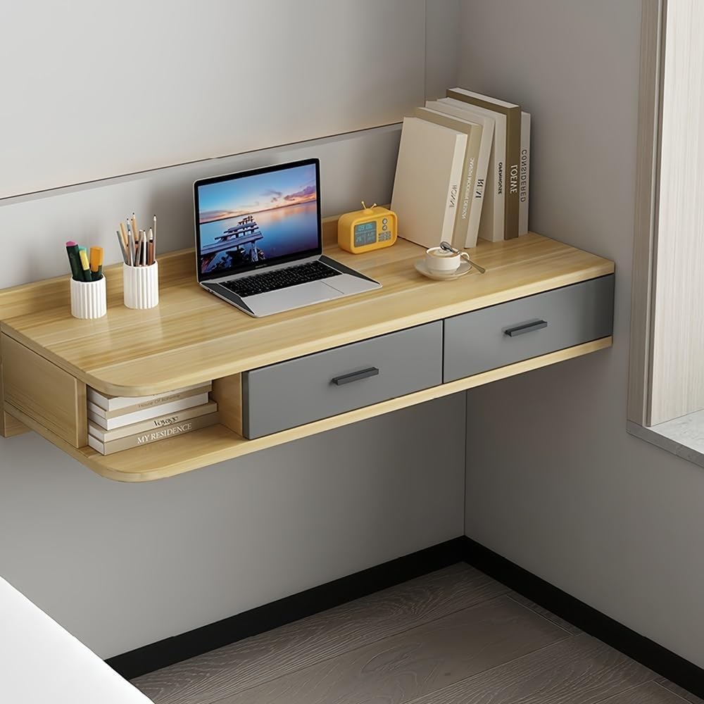 Floating Writing Desk with Storage Drawers Wall-Mounted Computer Table Hanging Corner Vanity Table Rounded Corners for Room Space Saver(Natural Left,100 cm)