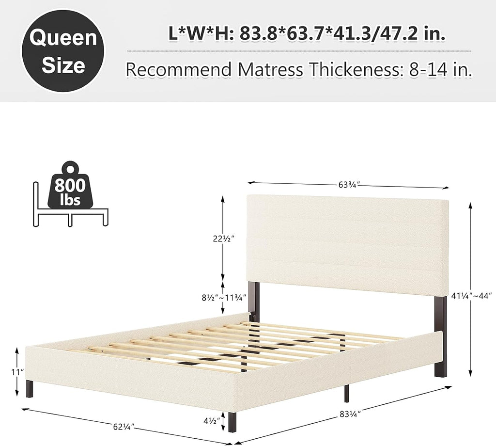 Furnihome Queen Bed Frame, Modern Sherpa Upholstered Bed Frame with Adjustable Headboard, Wooden Slats Support Platform Queen Size Bed Frames, No Box Spring Needed,Easy Assembly,Cream