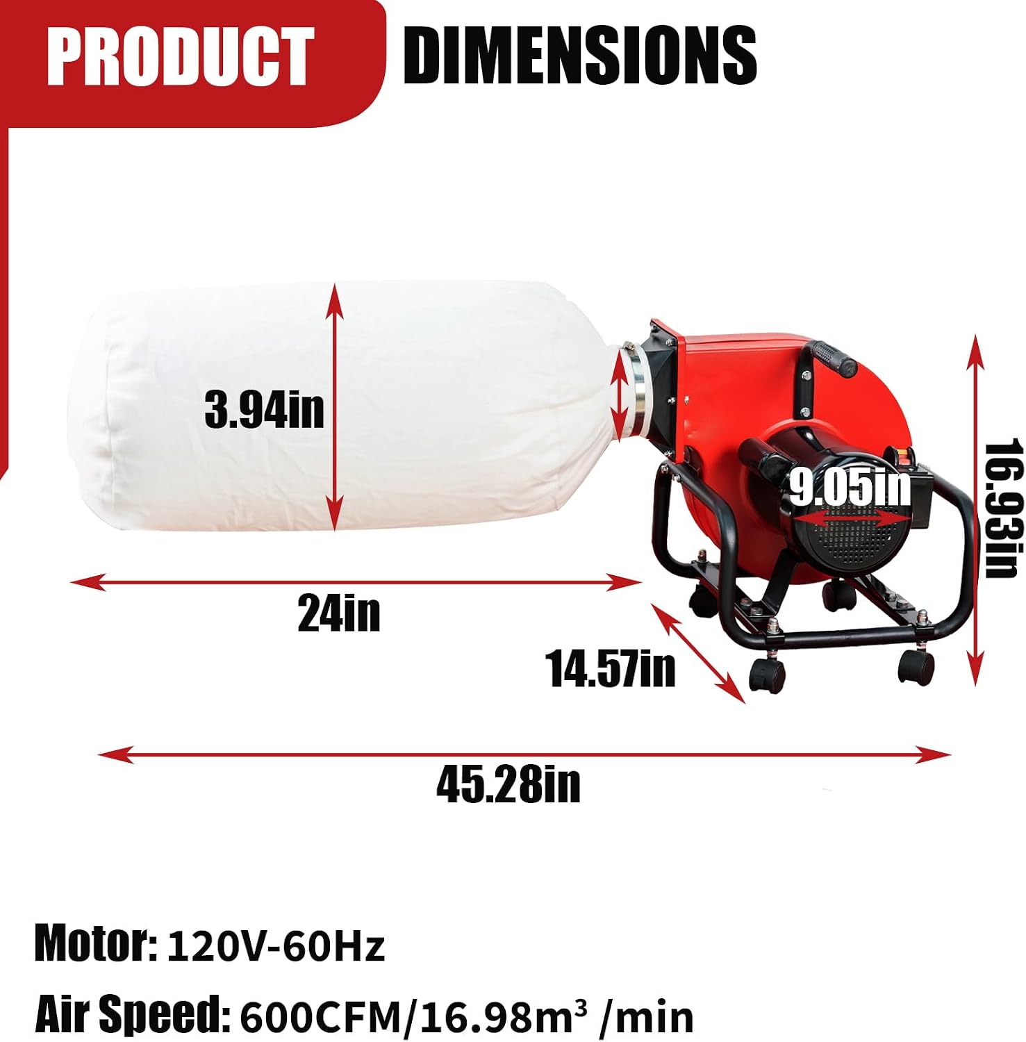 Horizontal Woodworking Dust Collector 750W (1HP) Electric Dust Extraction Machine with 15-Gallon Bag, Mobile Base, Wall Mount for Efficient Workshop and Garage Cleanup